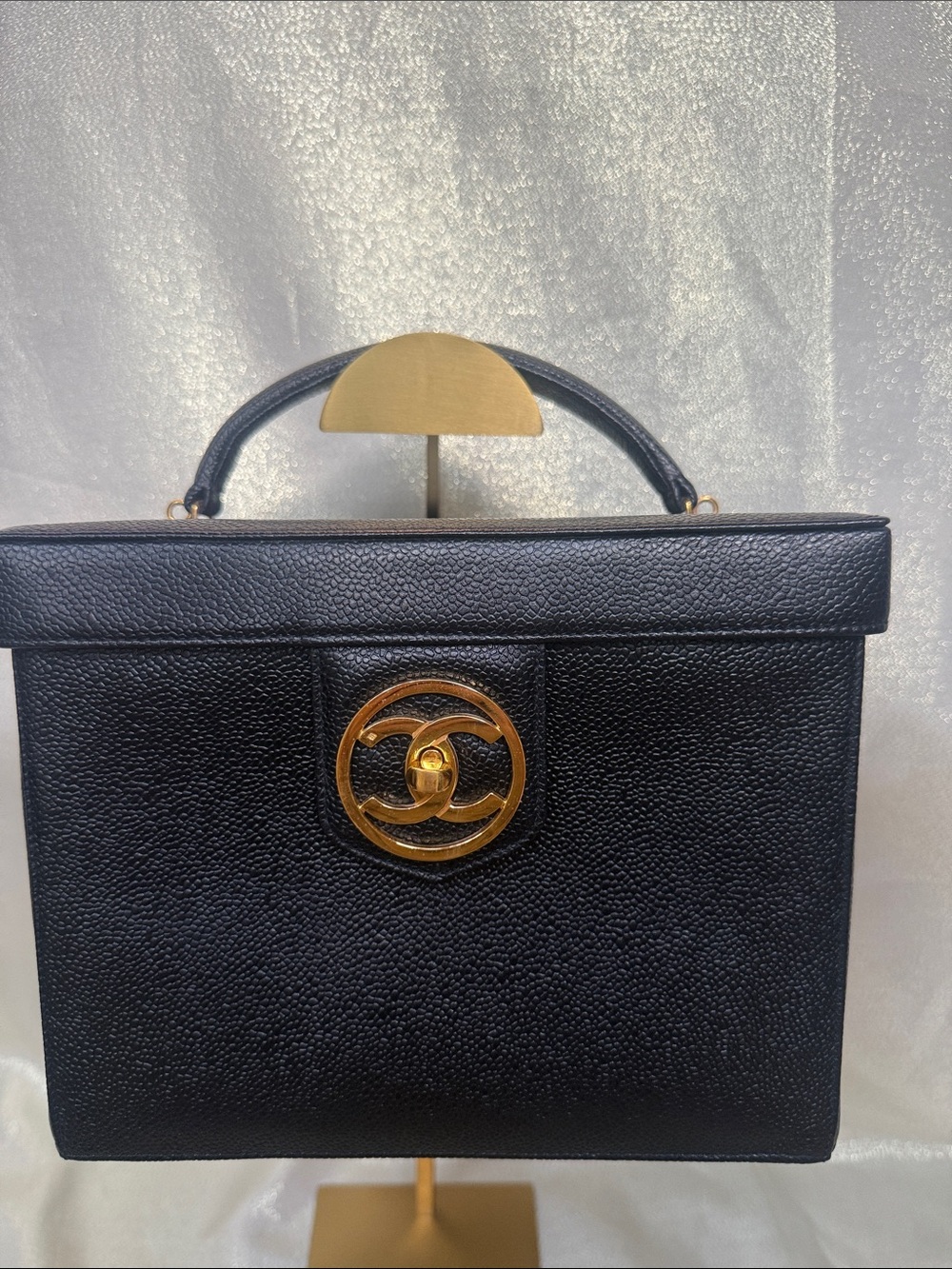 CHANEL Black Top-Handle Vanity Box Bag with Gold CC Medallion and large CC